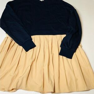 Ugerlov Navy & Beige Two-Tone Dress | Size L NWT | Cotton Pleated Skirt